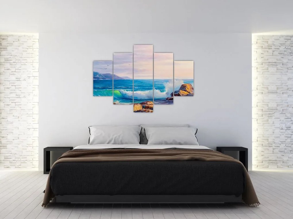 Tablou - Valuri lovind stânci, pictură în ulei (150x105 cm)