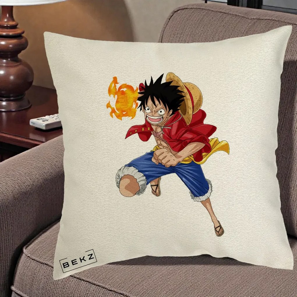 Perna Personalizata One Piece Luffy Gear Second Foc, 40x40 cm, Ecru, Husa Detasabila, Perna Inclusa, BEKZ®