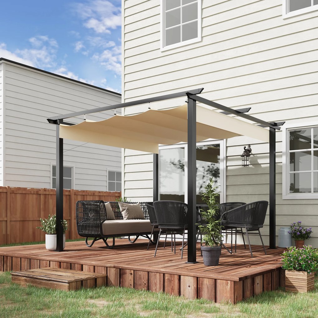 Outsunny Foișor de Grădină cu Copertină Retractabilă, Pergolă de Exterior cu Structură din Aluminiu, 2.95x2.95x2.16 m, Alb Crem | Aosom Romania