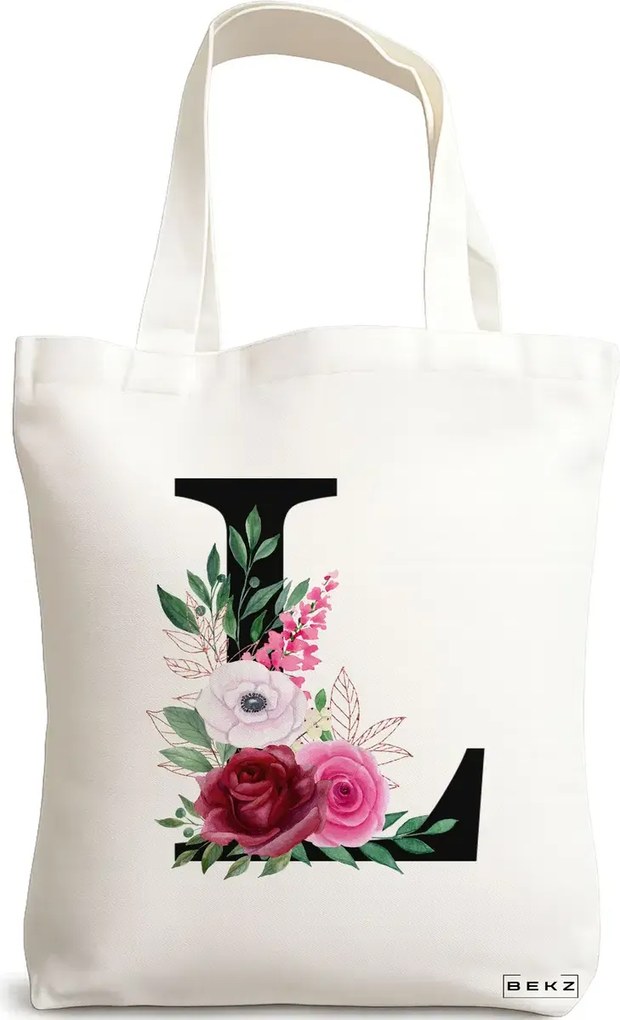 Sacosa de Panza pentru Cumparaturi, Geanta Tote, Cu litera L si Trandafiri, 38x34.5 cm, Alba, BEKZ®