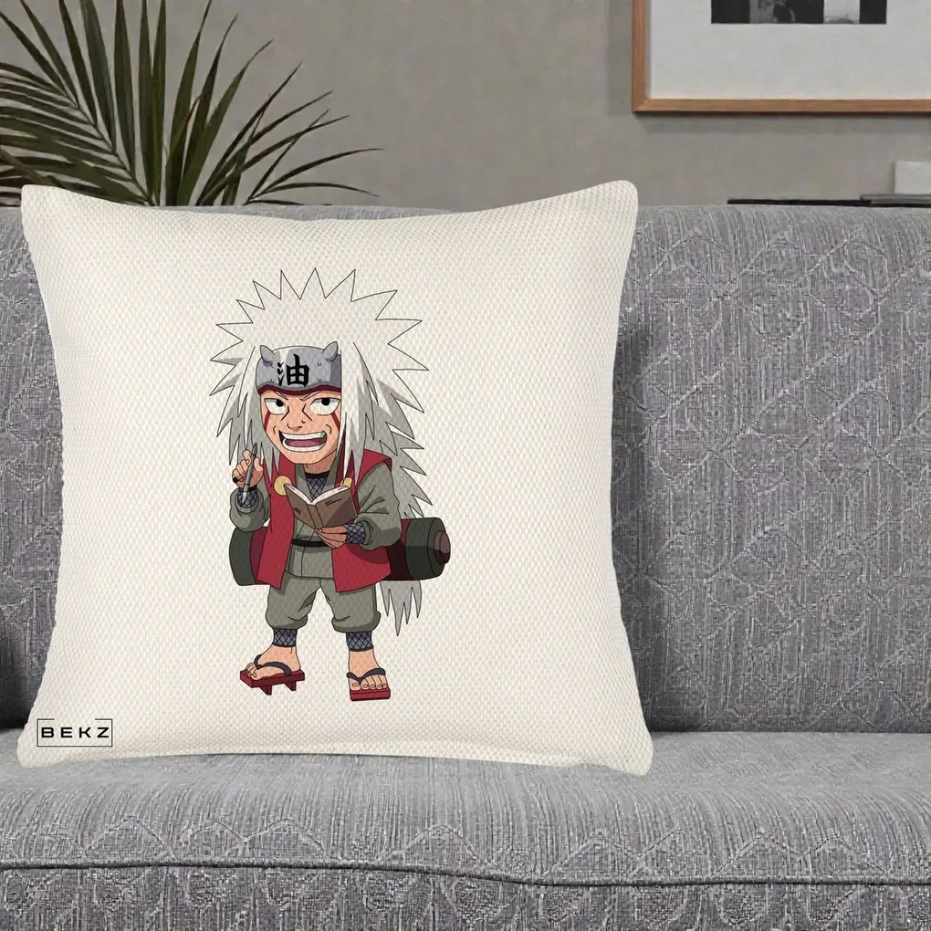 Perna Personalizata Naruto Jiraiya Sensei Chibi, 40x40 cm, Crem Reliefat, Husa Detasabila, Perna Inclusa, BEKZ®
