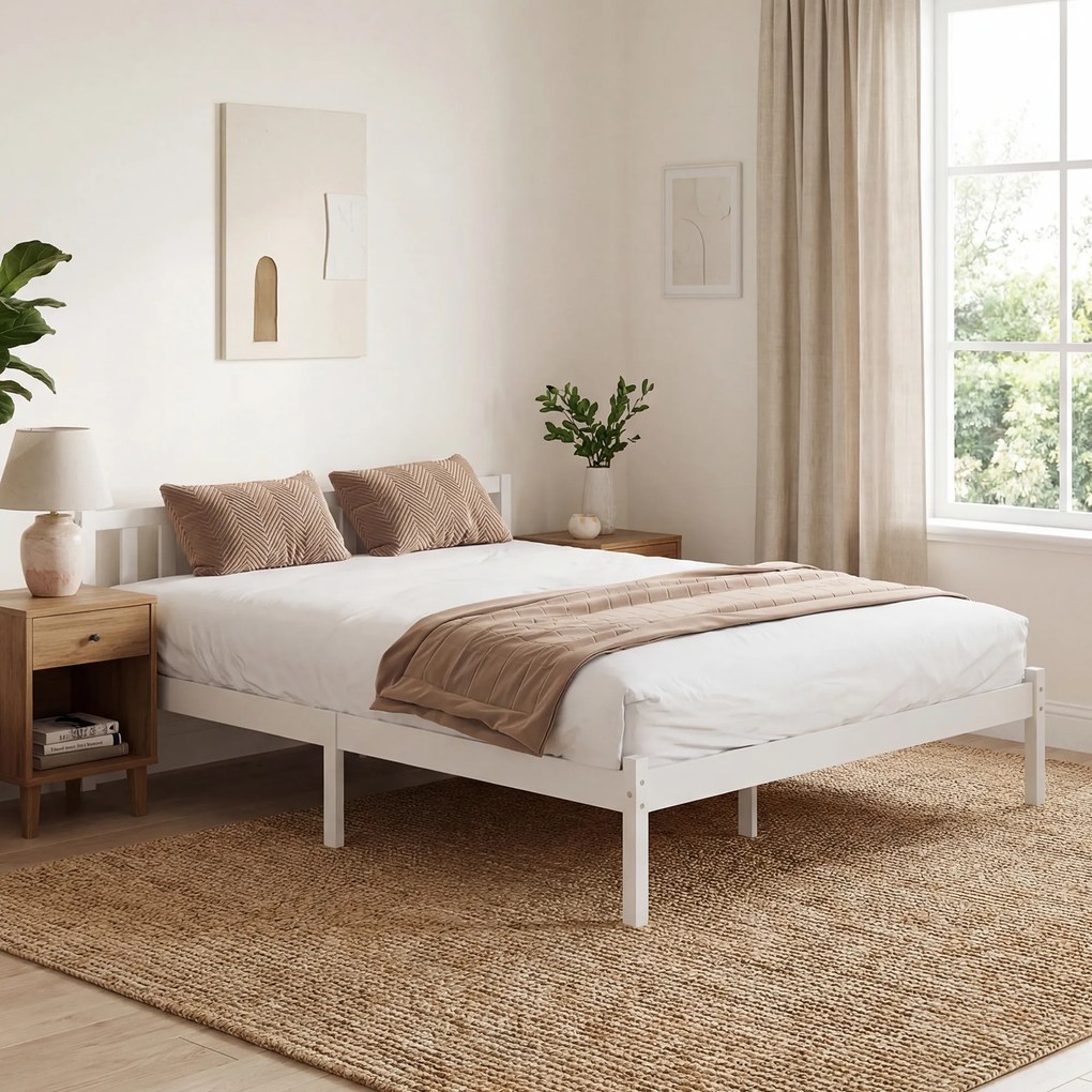 HOMCOM Cadru de pat din lemn masiv 160x200 cm Pat simplu cu tăblie și somier cu lamele, solid, pentru copii și adulți | Aosom Romania