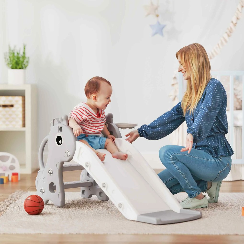 AIYAPLAY Tobogan 3-in-1 pentru Copii, Formă de Girafă, Coș de Baschet, Minge, Gri | Aosom Romania
