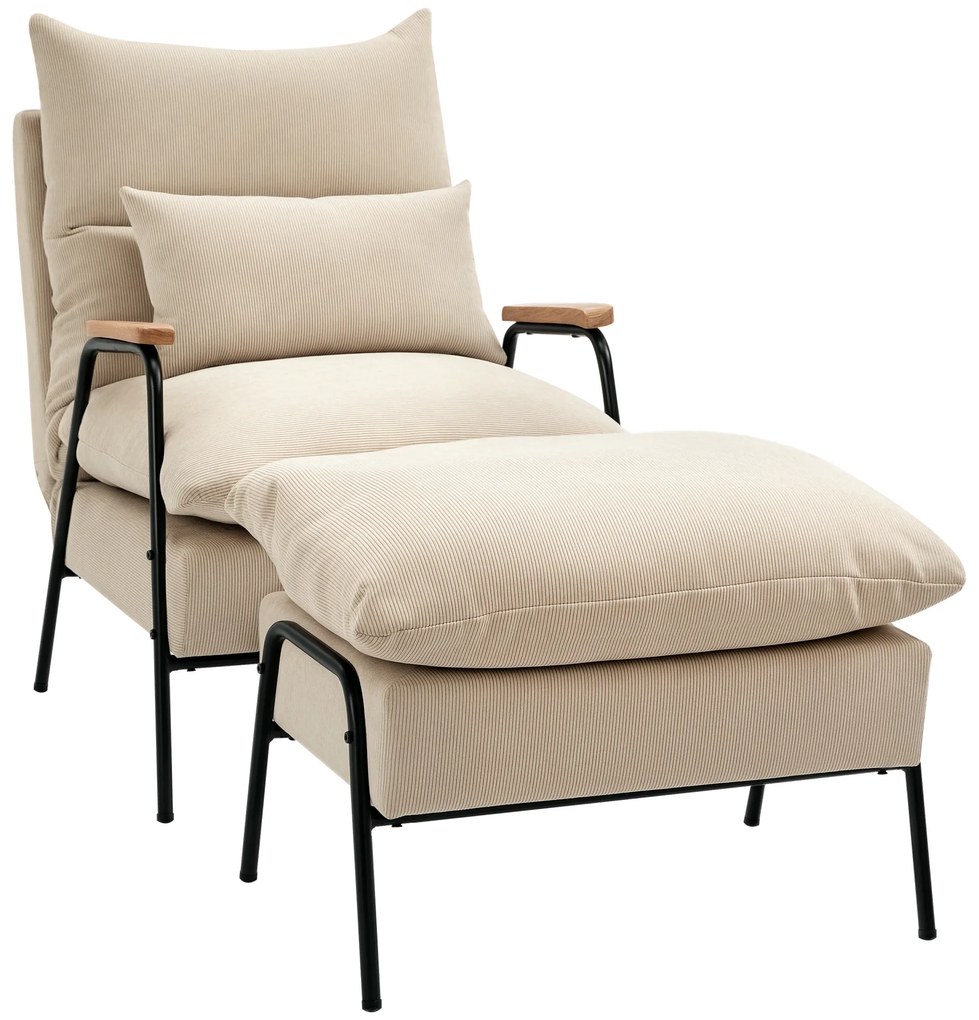 HOMCOM Fotoliu tapitat cu taburet, fotoliu de relaxare cu funcție de culcat, scaun tapitat, perne, fotoliu TV, 68 x 91,5 x 88 cm, Bej | Aosom Romania