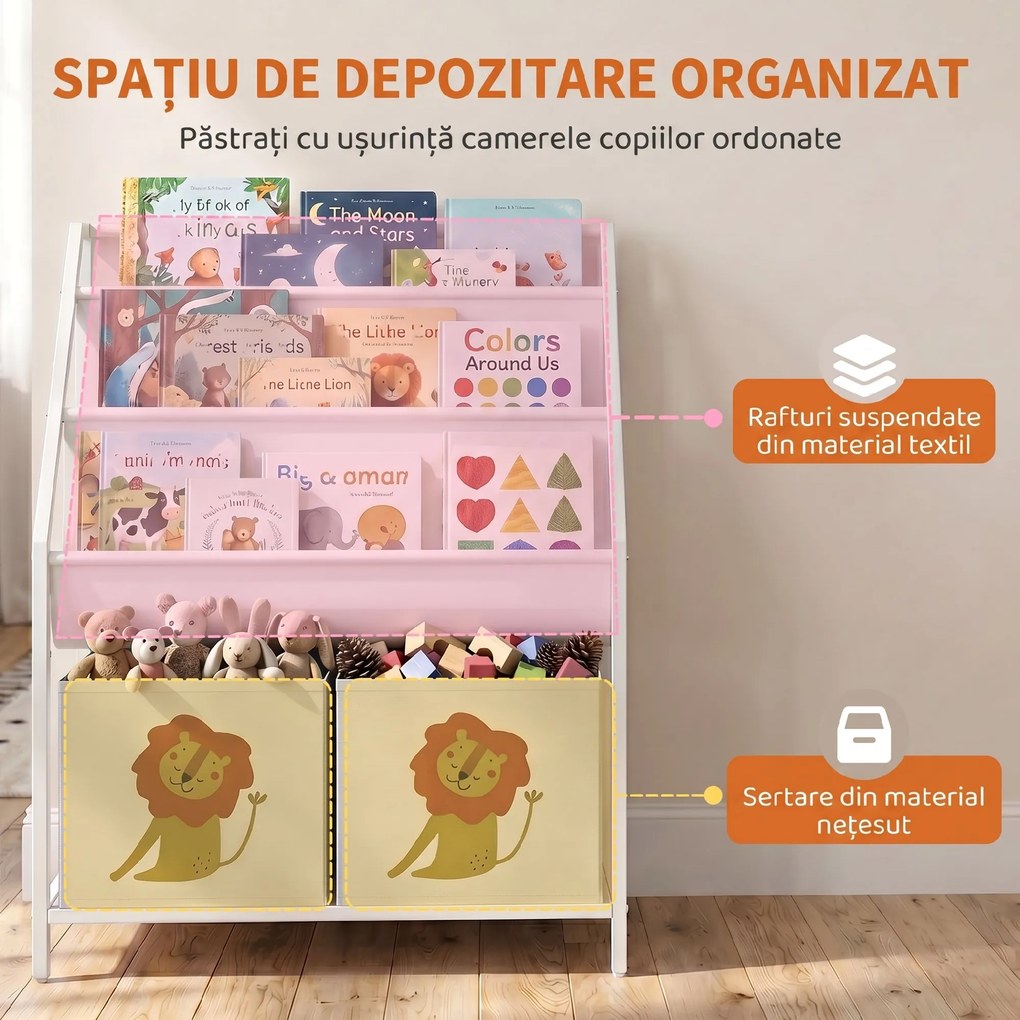 AIYAPLAY Bibliotecă Montessori pentru Copii 3-8 Ani cu 4 Rafturi și 2 Cutii cu Imprimeu Leu, Alb | Aosom Romania