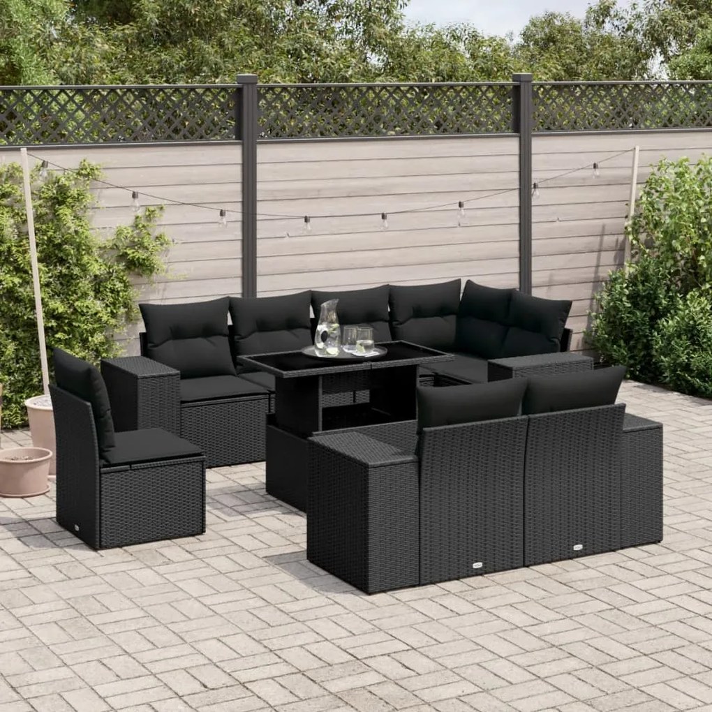 3269295 vidaXL Set mobilier de grădină cu perne, 9 piese, negru, poliratan