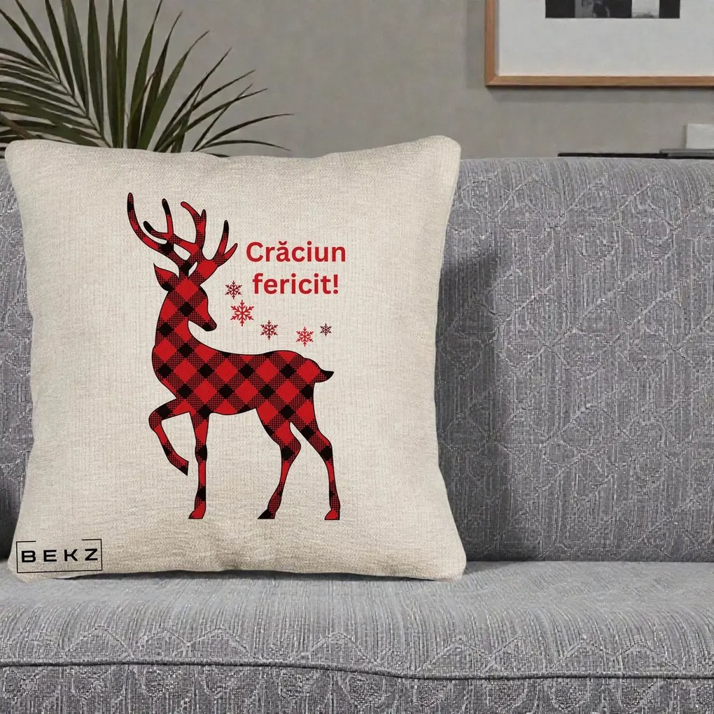 Perna Decorativa Ren Tartan Craciun Fericit, 40x40 cm, Bej Canapea, Husa Detasabila, Perna Inclusa, BEKZ®