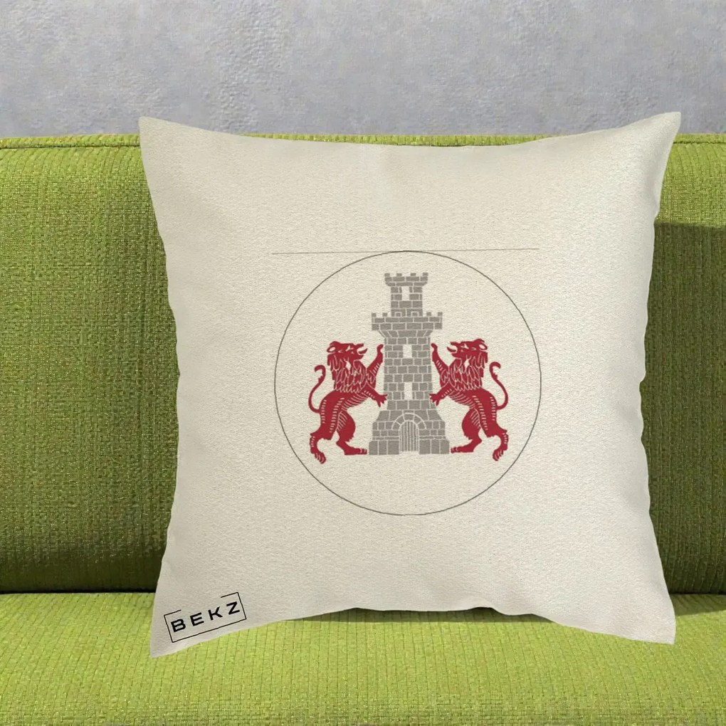 Perna Personalizata Cetatea Turnu Magurele Heraldic, 40x40 cm, Ecru, Husa Detasabila, Perna Inclusa, BEKZ®