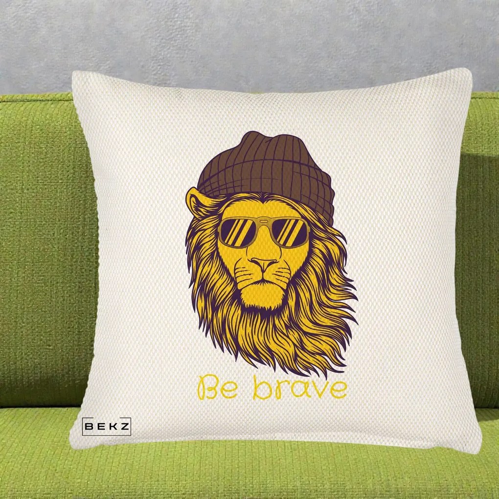 Perna Decorativa Leu Hipster Be Brave, 40x40 cm, Crem Reliefat, Husa Detasabila, Perna Inclusa, BEKZ®