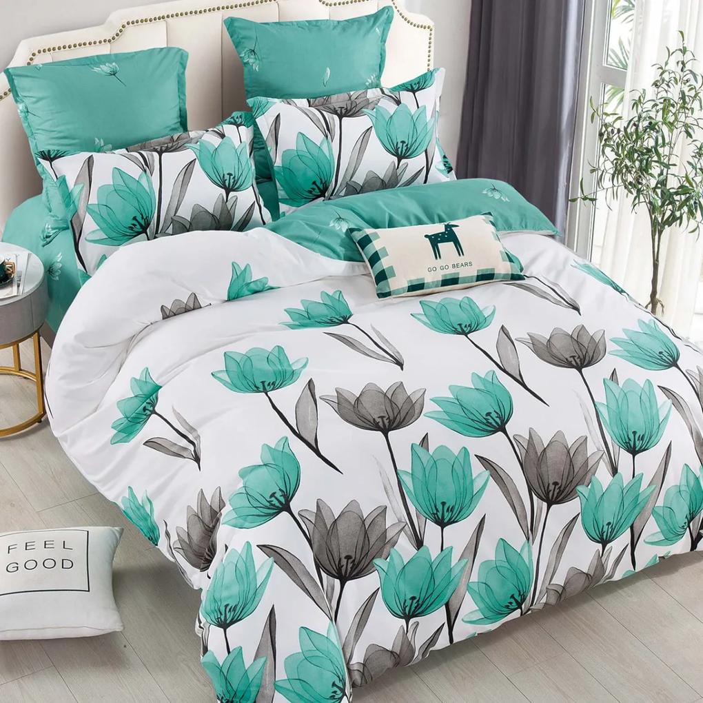 Lenjerie de pat cu elastic, tesatura tip finet, pat 2 persoane, 6 piese, alb / turquoise, FNJE-74