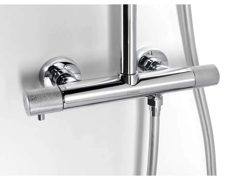 Set de duș argintiu lucios din alamă 131 cm cu robinet termostatic cu duș suspendat/cu duș de mână Solaris – Sapho