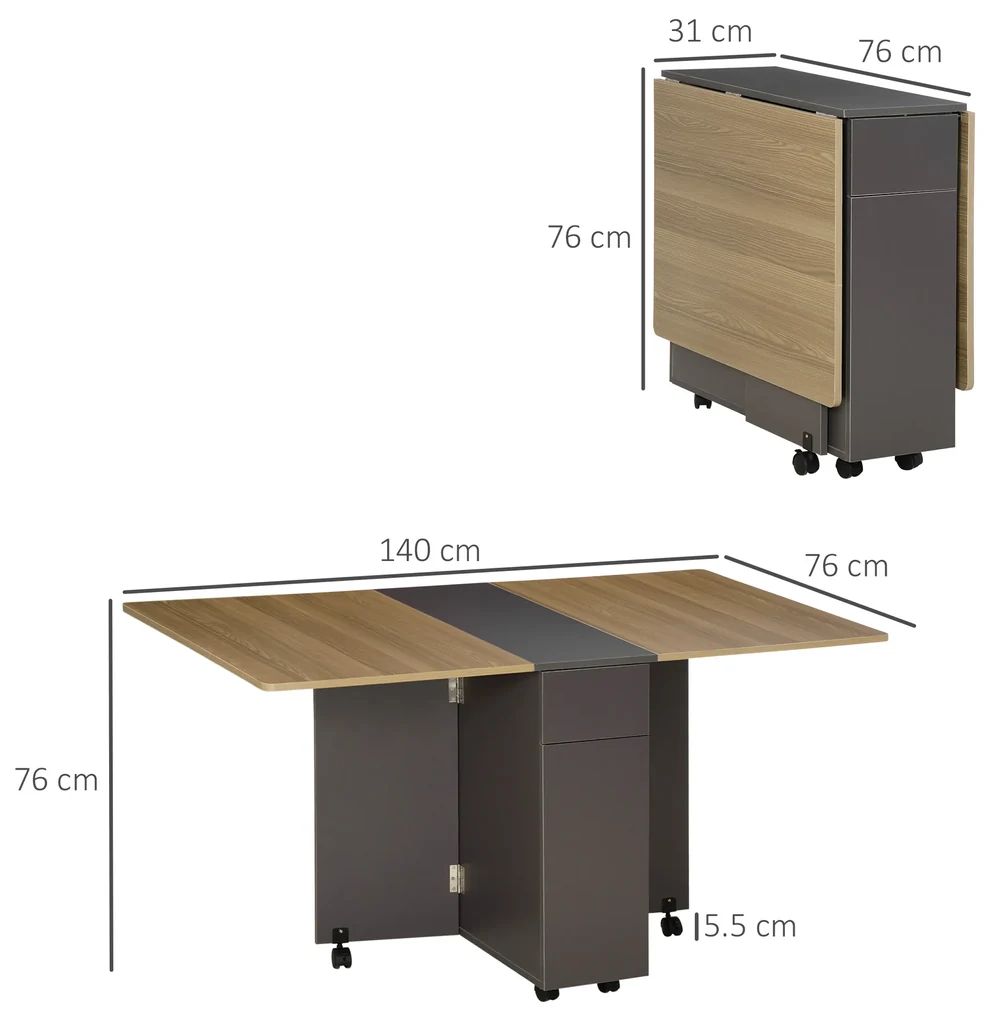 Masa Pliabila Dreptunghiulara HOMCOM din PAL, cu 2 Sertare Dulap 6 Roti, Design Practic, Maro | Aosom Romania