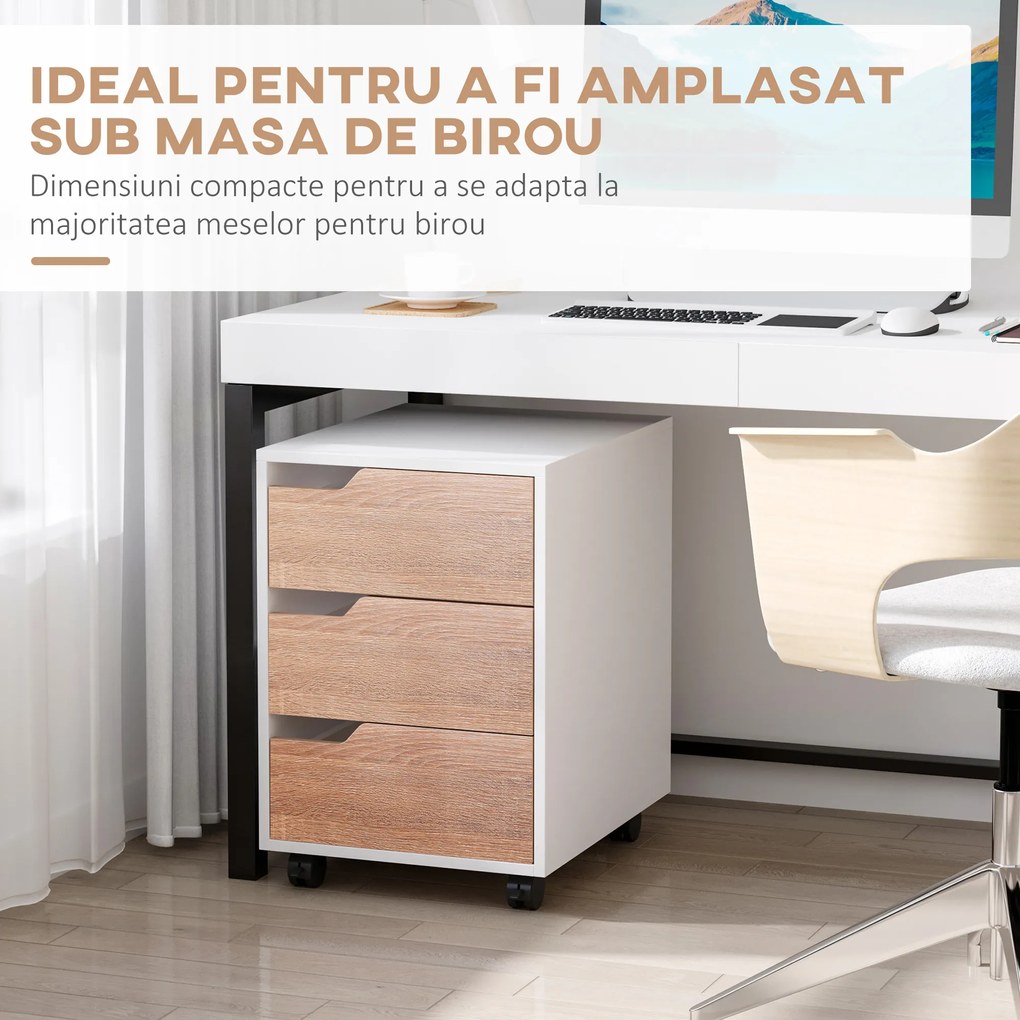 Comoda din MDF cu 3 Sertare si 4 roti cu rotatie de 360 ° (2 cu frane), pentru Birou sau Studio Alba si Lemn 31x37x7.2cm HOMCOM | Aosom Romania