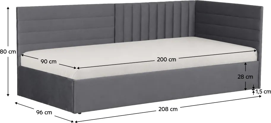 Pat cu somieră, 90x200, ţesătură gri Velvet, MEVIA
