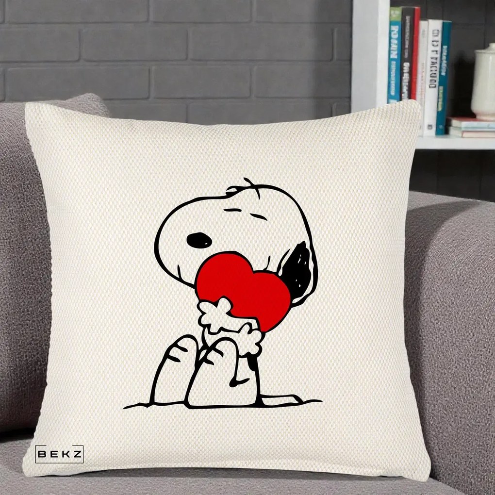 Perna Personalizata Snoopy cu Inima, 40x40 cm, Crem Reliefat, Husa Detasabila, Perna Inclusa, BEKZ®