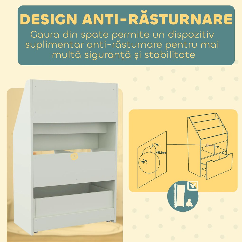 HOMCOM Bibliotecă pentru Copii cu Rafturi și Sertar, Raft Mobil pentru Jucării și Cărți, Dimensiuni 60x29.9x90 cm, Verde Strălucitor | Aosom România