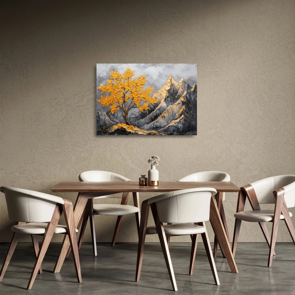 Tablou pe sticlă – Arbore auriu în munți (70x50 cm)