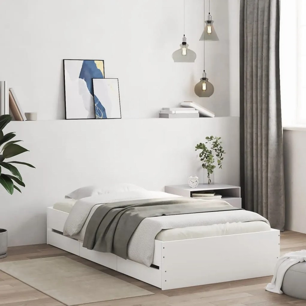 vidaXL Cadru de pat cu sertare, alb, 90x190 cm, lemn prelucrat