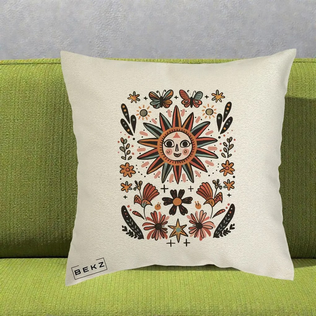 Perna Decorativa Soare Boho Folk Fluturi, 40x40 cm, Ecru, Husa Detasabila, Perna Inclusa, BEKZ®