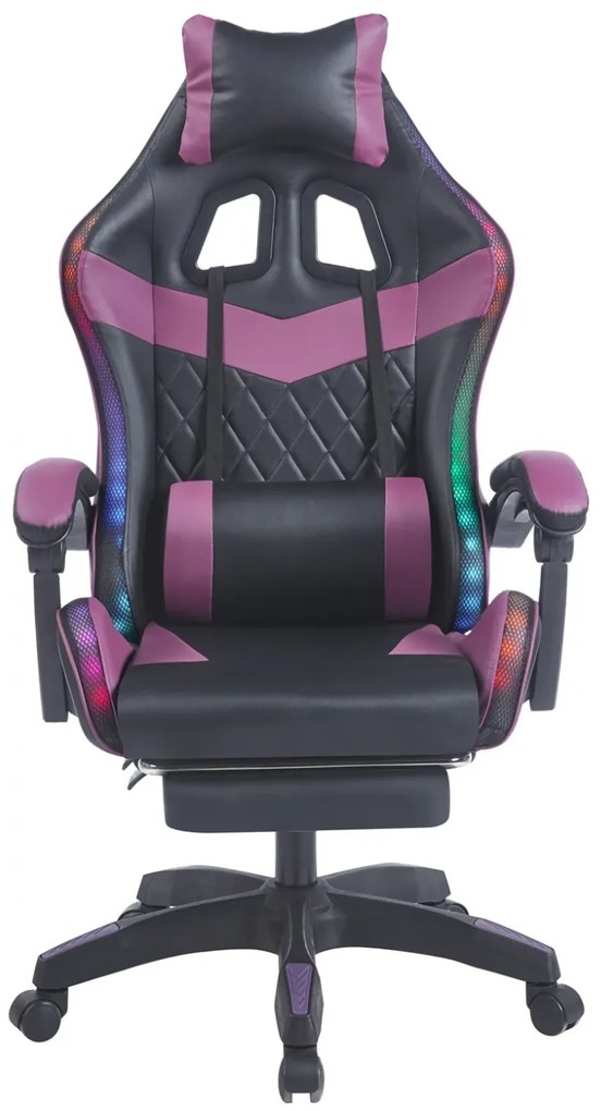 Scaun gaming, sistem iluminare bandă LED RGB, masaj în perna lombară, suport picioare, Negru/Mov