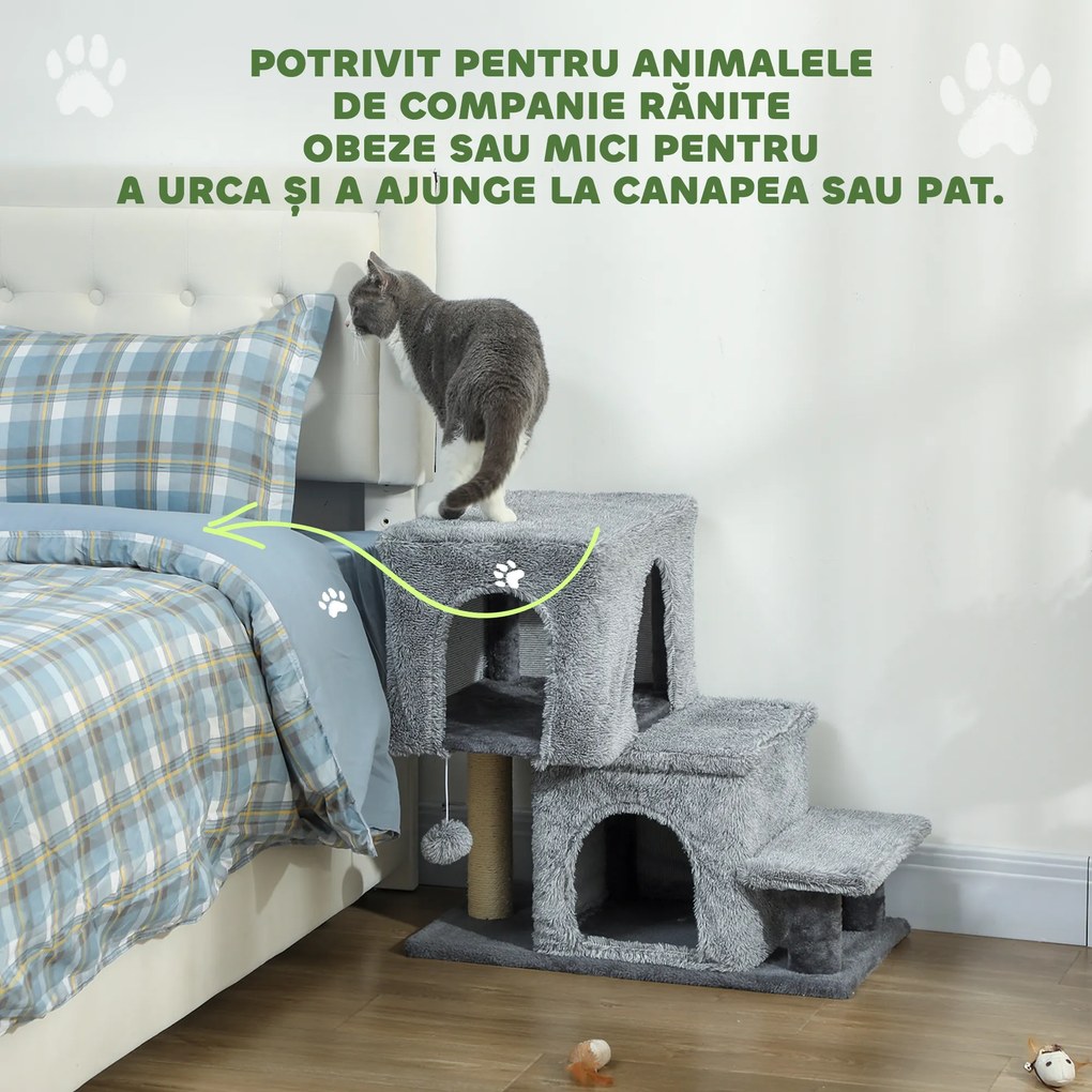 PawHut Scara pentru Pisici cu 4 Trepte Reglabile, 2 Căsuțe și Stâlp pentru Zgâriat Gri | Aosom Romania
