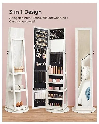 Dulap de bijuterii cu blocare, Songmics, Oglinda, JBC62W, 38 x 161 x 38 cm