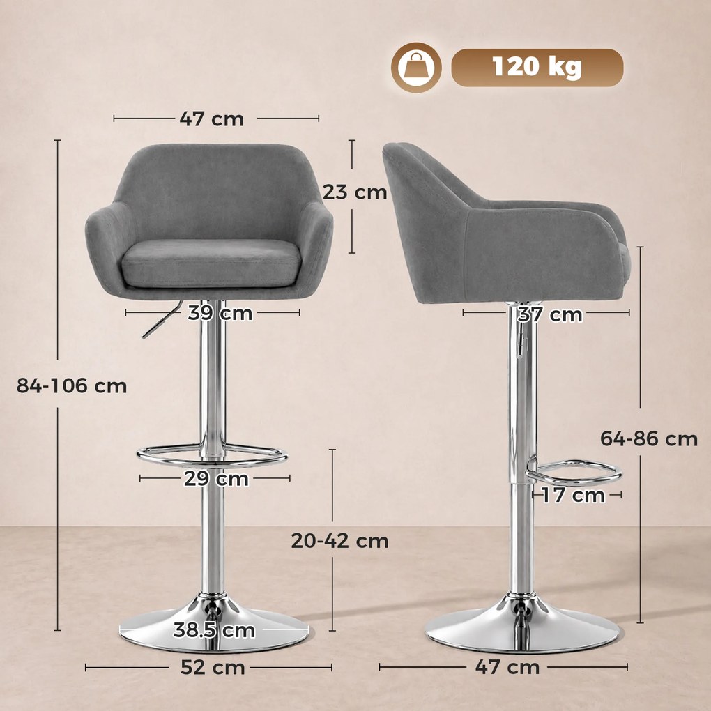 HOMCOM Set 2 Taburete Bar Rotative Catifea, Înălțime Reglabilă, Suport Picioare, Spătar, Bază Metalică, Gri | Aosom Romania