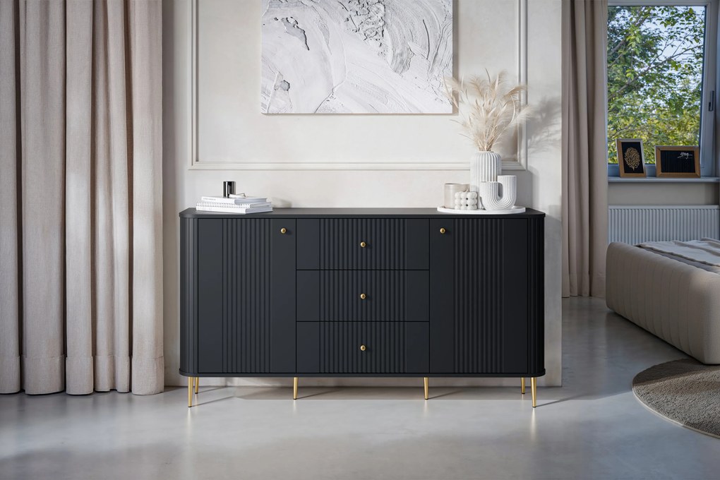 Comodă cu sertare Vesper 160 cm - negru / picioare aurii