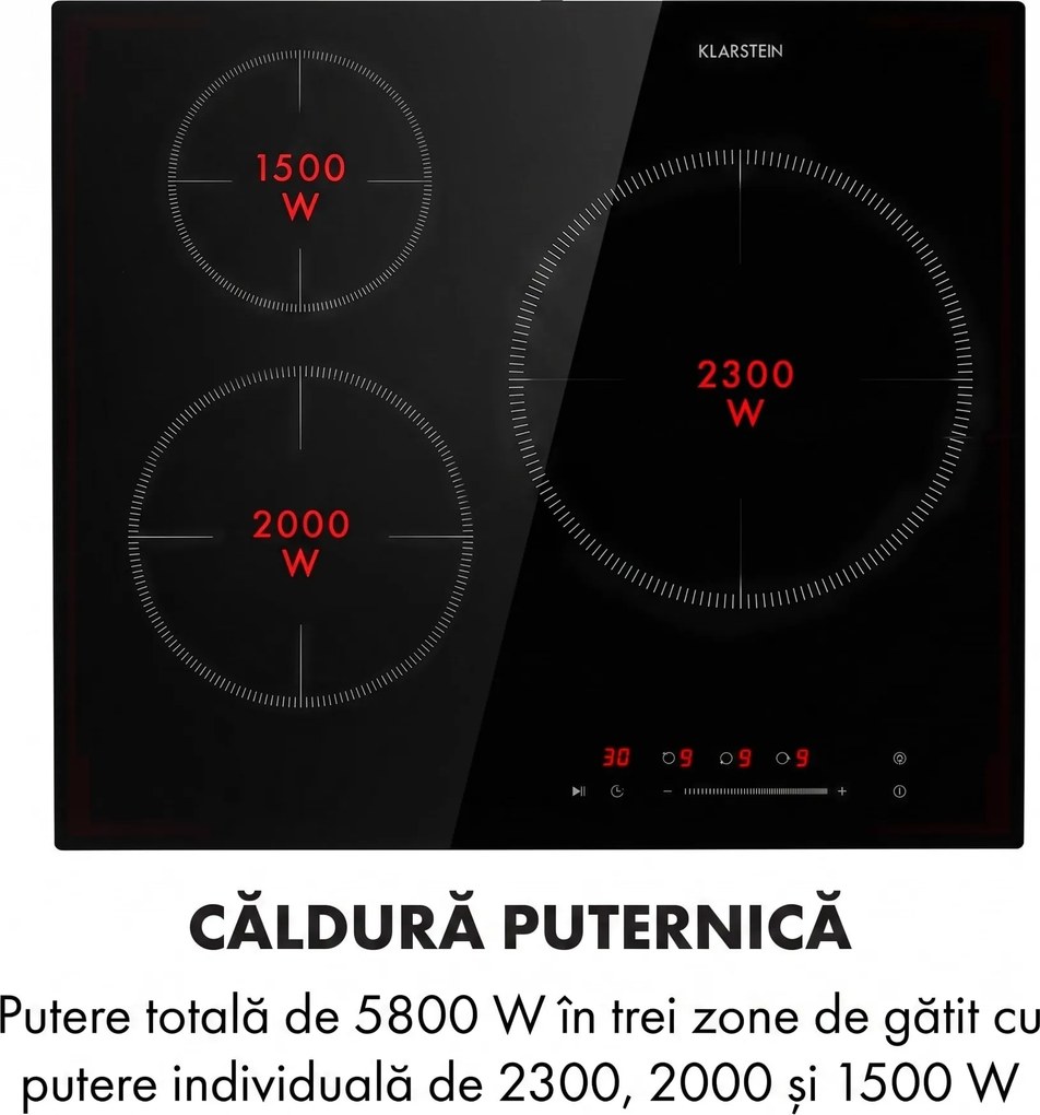 Klarstein Delicatessa 3, plită cu inducție, 3 zone, 5800W, ceramică de sticlă, negru