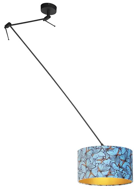 Lampă suspendată neagră cu abajur din catifea cu fluturi aurii 35 cm - Blitz