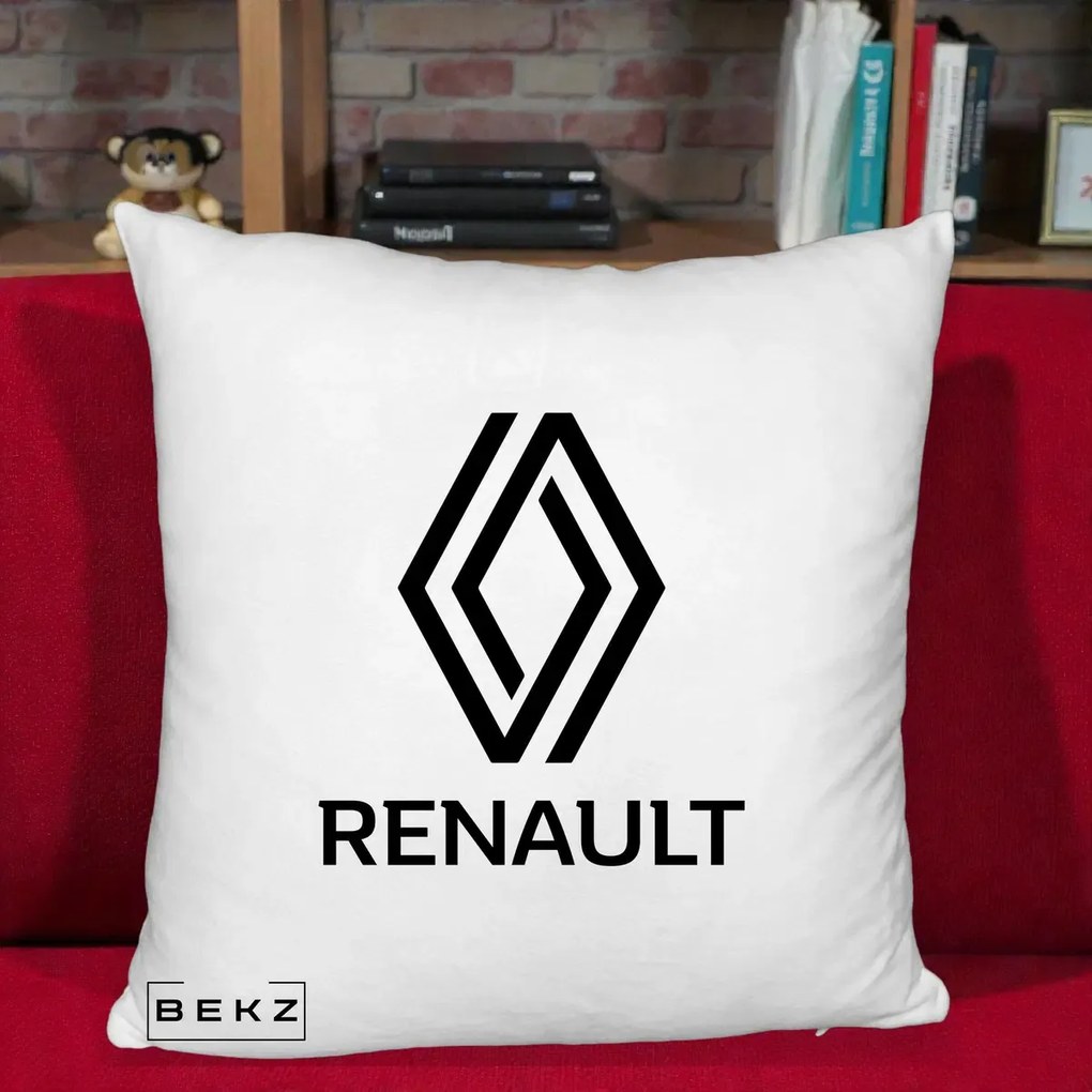 Perna Personalizata cu emblema Renault, 40x40 cm, Alb Pufos, Husa Detasabila, Perna Inclusa, BEKZ®