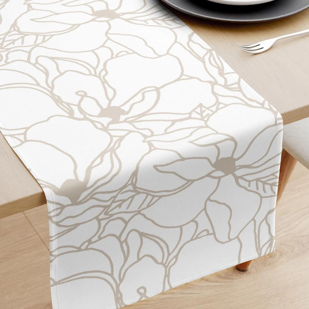 Goldea napron de masă 100% bumbac - flori bej deschis pe alb 35x160 cm