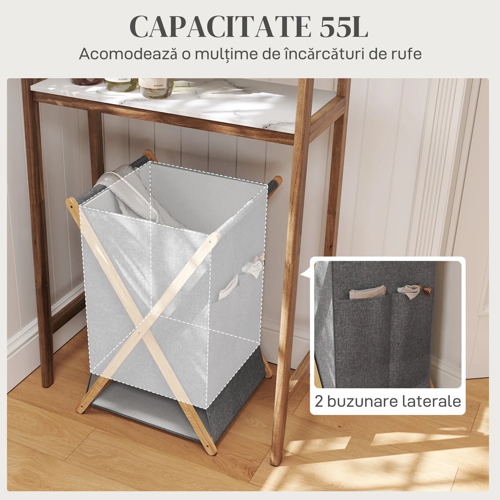 HOMCOM Coș Pliabil pentru Rufe 55L din Material Textil și Cadru din Bambus pentru Cameră și Spălătorie, 41x41x64 cm, Gri | Aosom Romania