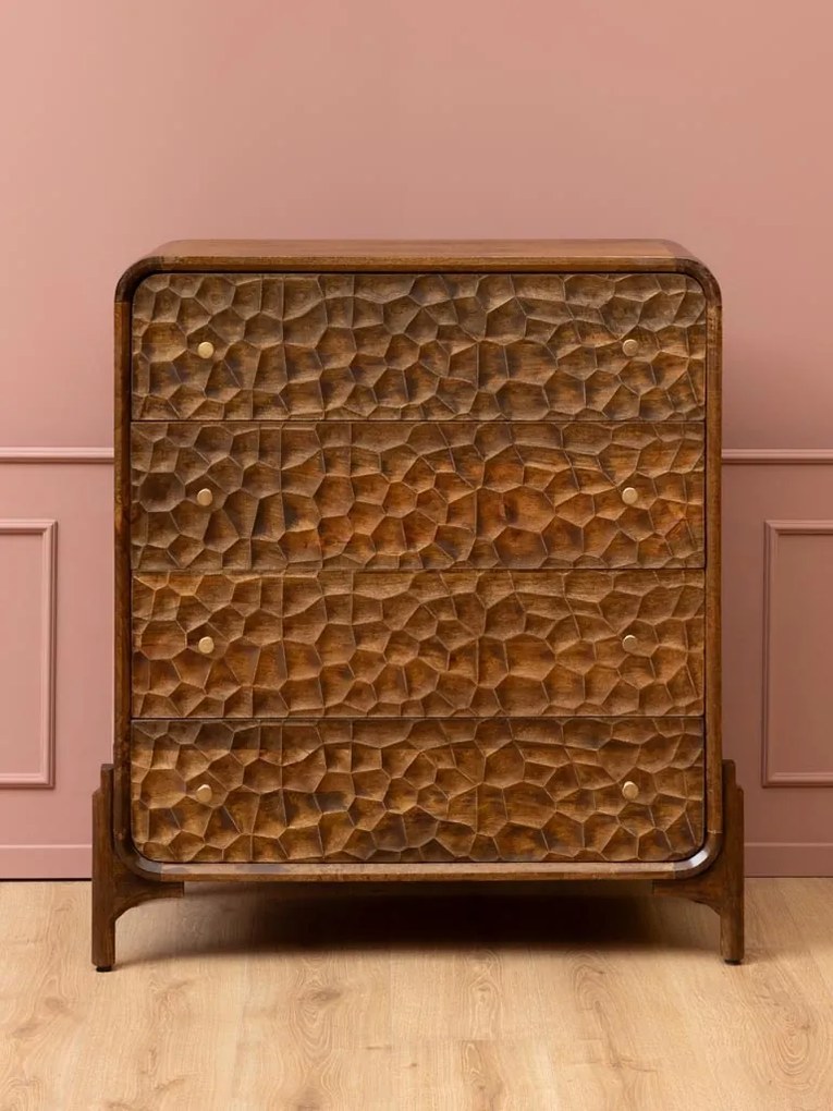 Comodă din lemn de mango cu 4 sertare , natur, cu decor sculptat în relief și mânere din alamă, 120x45x99 cm, „Atlas"