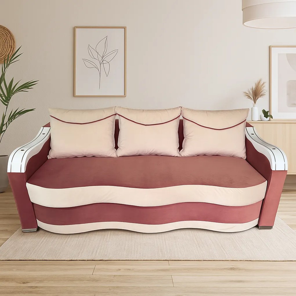 Canapea DIANA extensibila, 3 locuri, cu lada de depozitare, catifea crem cu roz, 220x100x85 Roz + Crem, Catifea