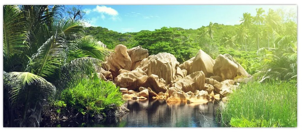 Tablou cu lac în jungla din Seychelles (120x50 cm)