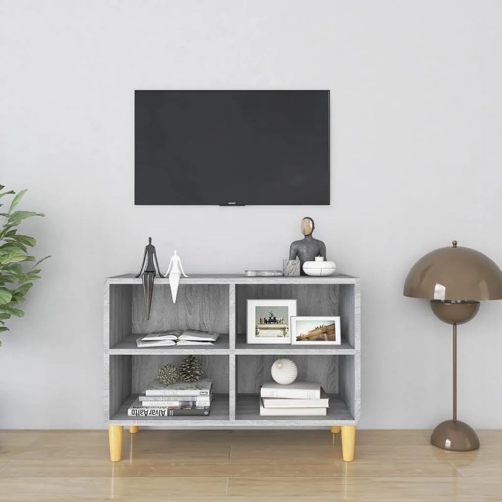 vidaXL Comodă TV cu picioare lemn masiv, gri sonoma, 69,5x30x50 cm
