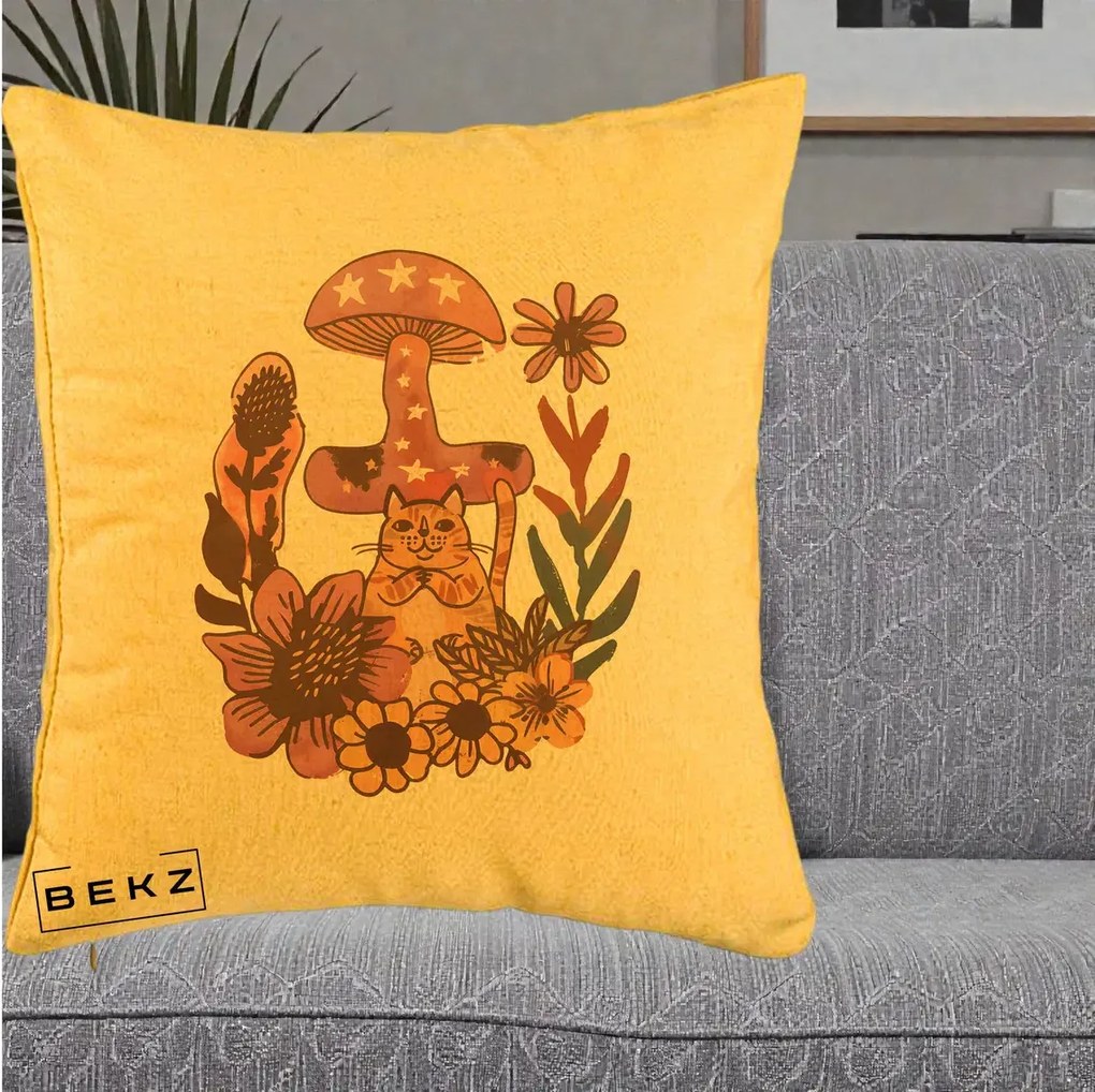 Perna Decorativa Ciuperca Pisica Boho, 40x40 cm, Galben, Husa Detasabila, Perna Inclusa, BEKZ®