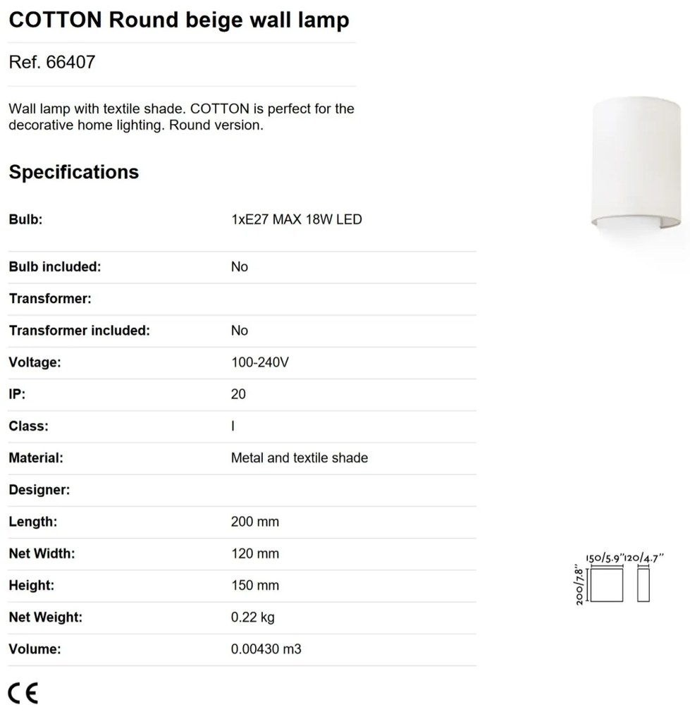 Aplica de perete ambientala design modern COTTON round bej