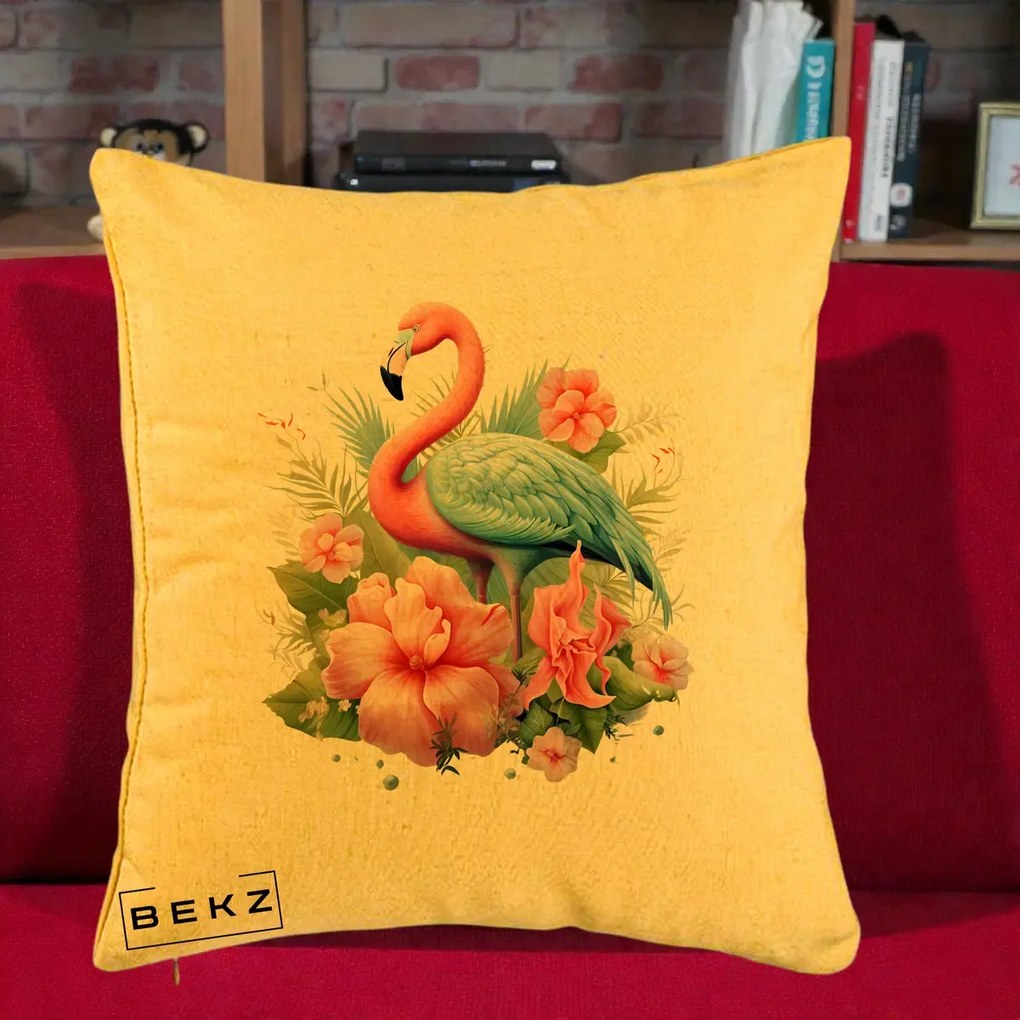 Perna Decorativa Flamingo cu Hibiscus Tropical, 40x40 cm, Galben, Husa Detasabila, Perna Inclusa, BEKZ®