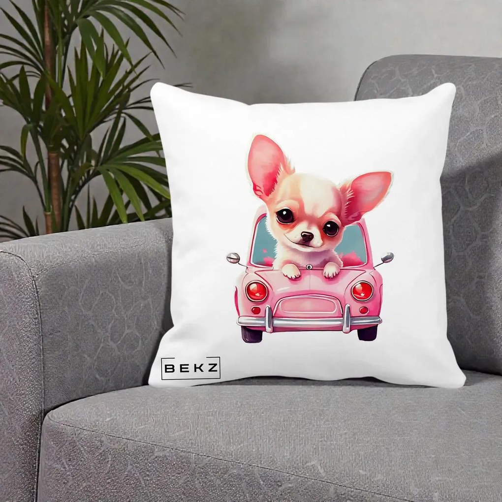 Perna Decorativa Chihuahua Roz in Masinuta, 40x40 cm, Alba Mata, Husa Detasabila, Perna Inclusa, BEKZ®