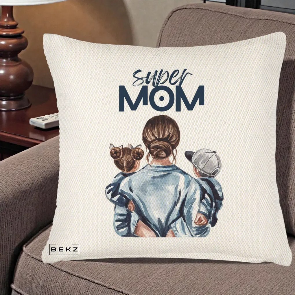 Cadou pentru Mama - Perna Personalizata Super Mom, 40x40 cm, Crem Reliefat, Husa Detasabila, Perna Inclusa, BEKZ®