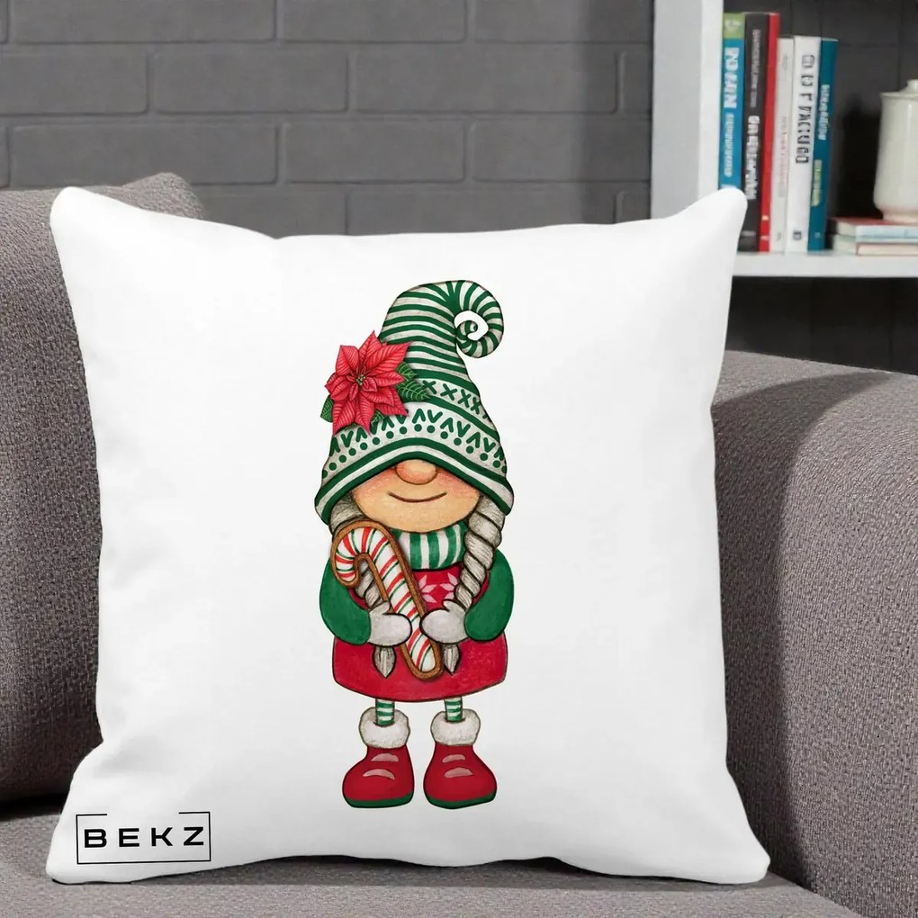 Perna Decorativa Gnom Craciun Verde cu Bomboane si Floare, 40x40 cm, Alba Mata, Husa Detasabila, Perna Inclusa, BEKZ®