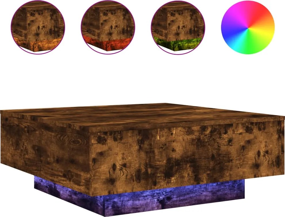 vidaXL Măsuță de cafea cu lumini LED, stejar fumuriu, 80x80x31 cm