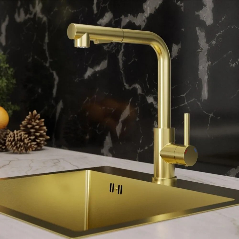 Baterie bucatarie cu dus extractibil Quadron Nicki finisaj Nano PVD auriu satinat