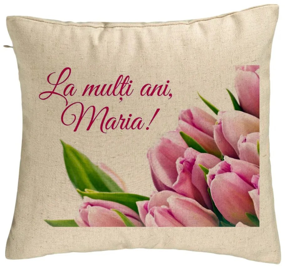 Perna Decorativa, Model La multi ani Maria, 40x40 cm, Bej, Husa Detasabila, Burduf