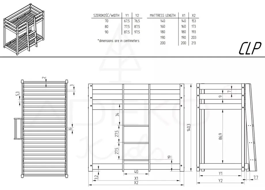 Pat supraetajat din lemn de pin 70x140 cm CLP - Adeko