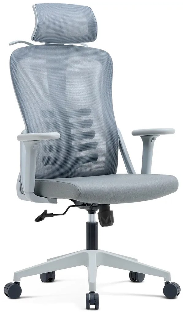 NICOLE-H Scaun ergonomic, cotiere 4D, tetiera 2D, suport lombar ajustabil, umeras, spatar Mesh, sezut textil, Gri