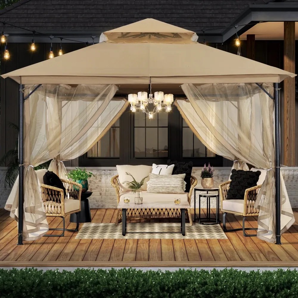 ABCCANOPY Foișor de gradina 3.3x3.9 m - Foișor exterior cu cadru din oțel și plasă de țânțari pentru gazon, curte, grădină, terasă, Kaki