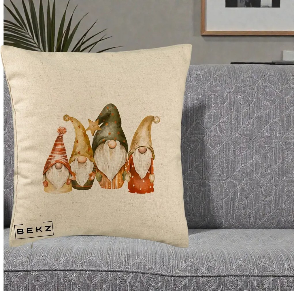 Perna Decorativa Gnomi de Craciun Patru, 40x40 cm, Bej, Husa Detasabila, Perna Inclusa, BEKZ®